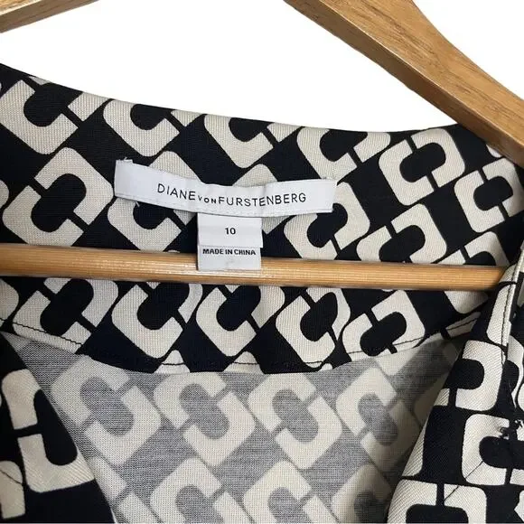 Diane Von Furstenberg Reina Silk Chain Link Shift Dress Black White Size 10 - Picture 10 of 12